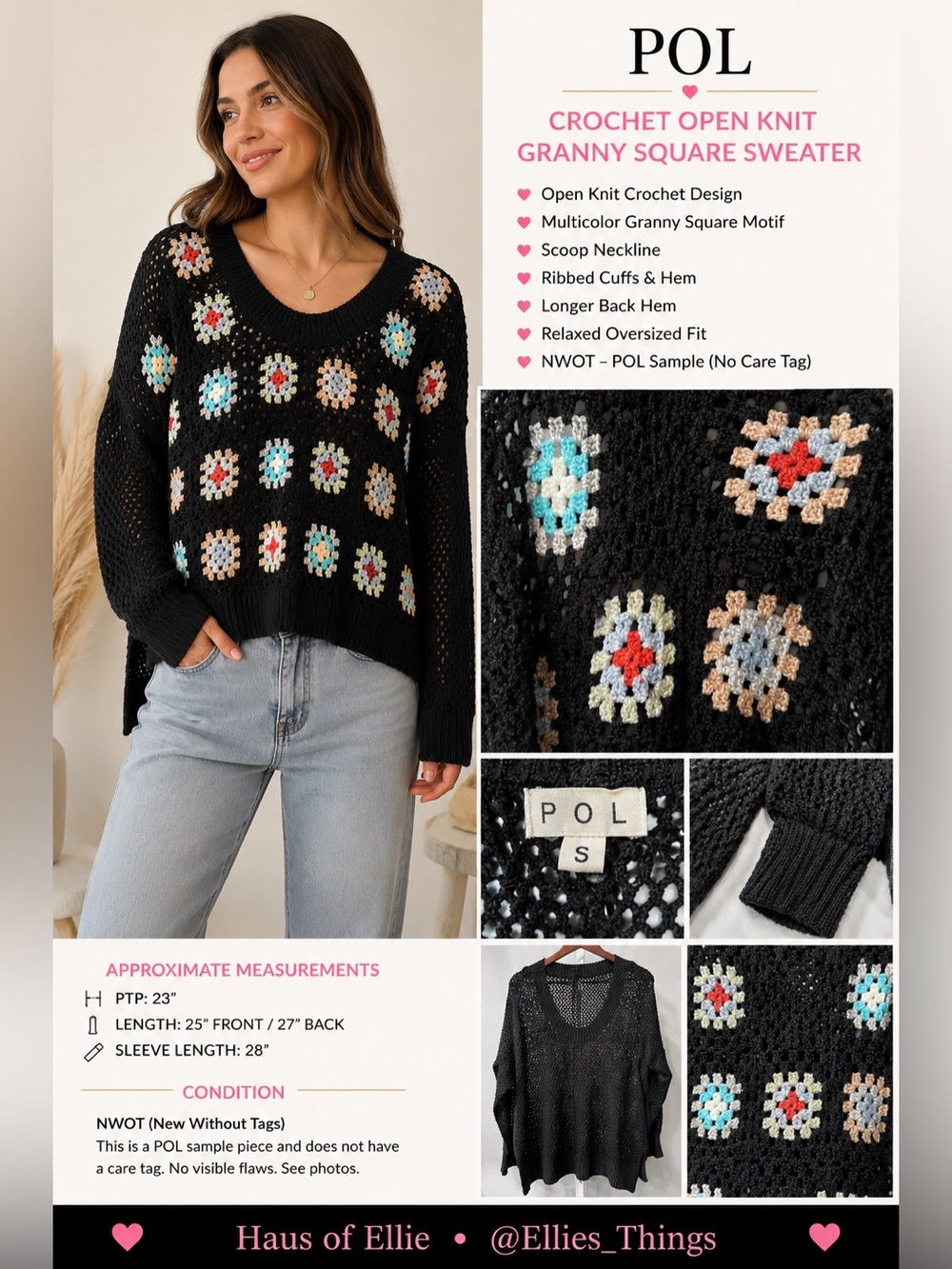 POL Black Crochet Granny Square Oversized Sweater NWOT Sample Small